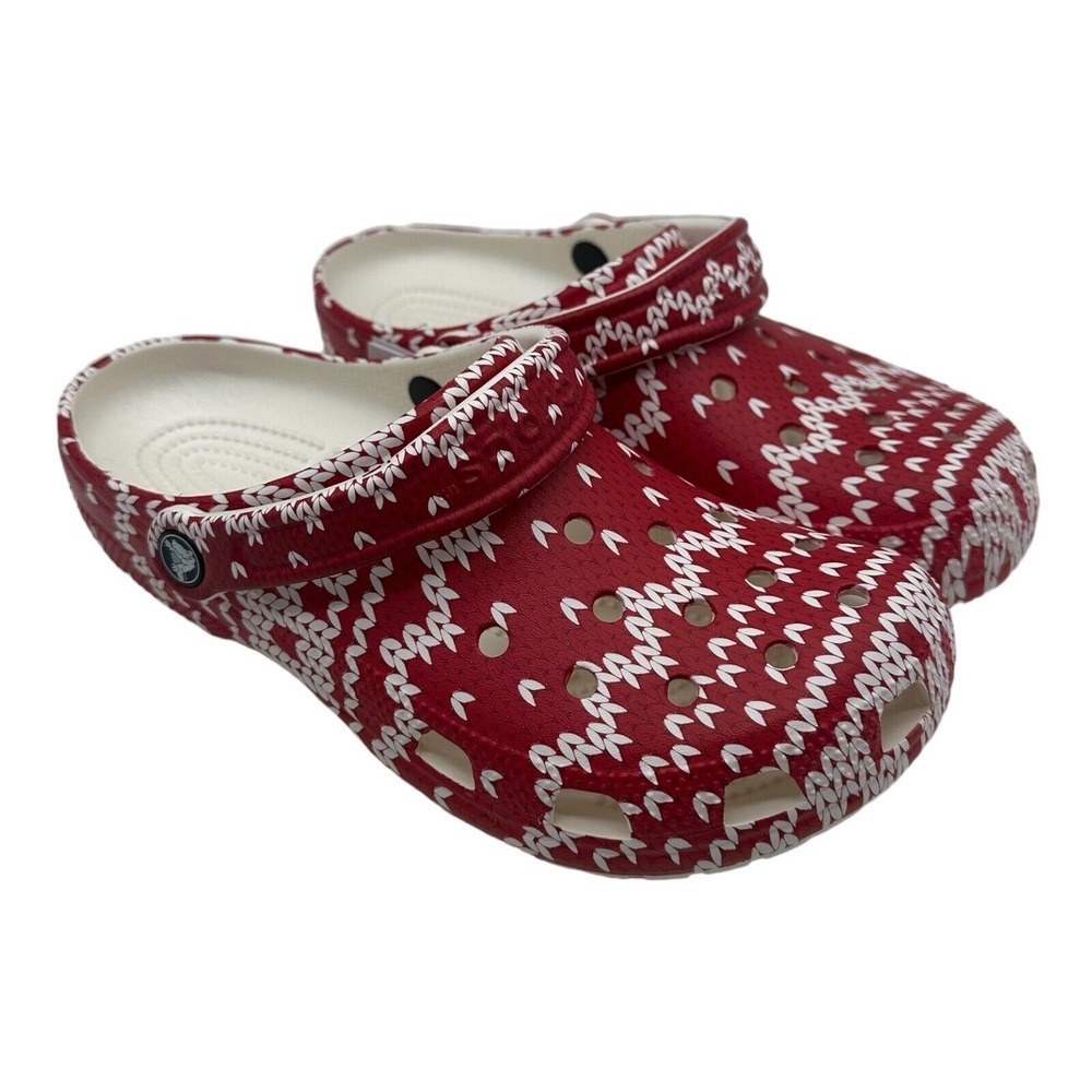 Crocs Classic Holiday Sweater Unisex Red Printed Comfort Clogs Women's 11 Mens 9